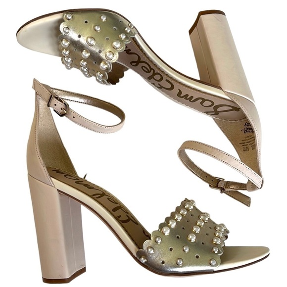 EUC Sam Edelman Leather Yaris Heeled Sandals Gold with Pearls Size 8.5 - Picture 1 of 8